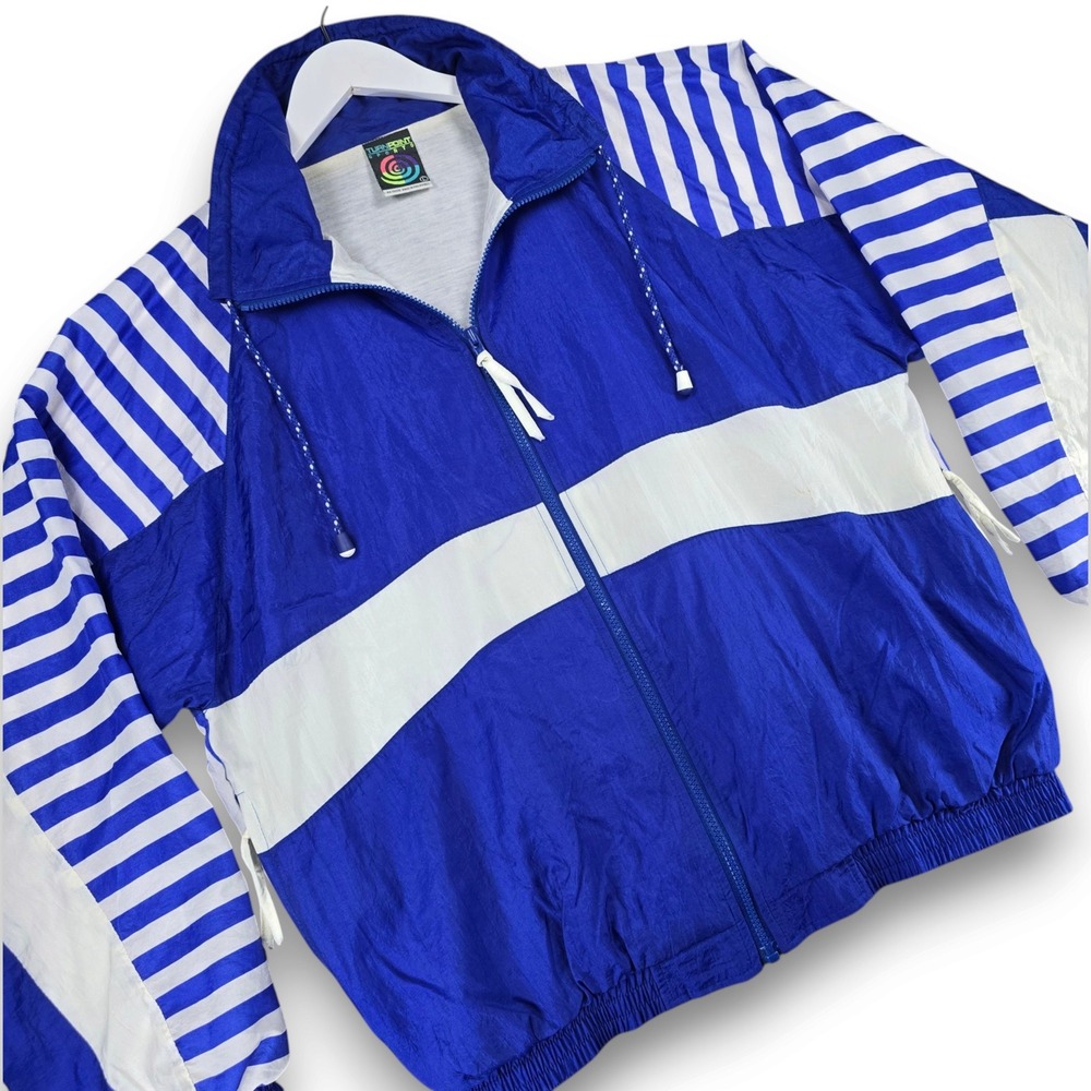 Turnpoint Sports Vintage Windbreaker Mens Large Blue White Striped Nylon Jacket
